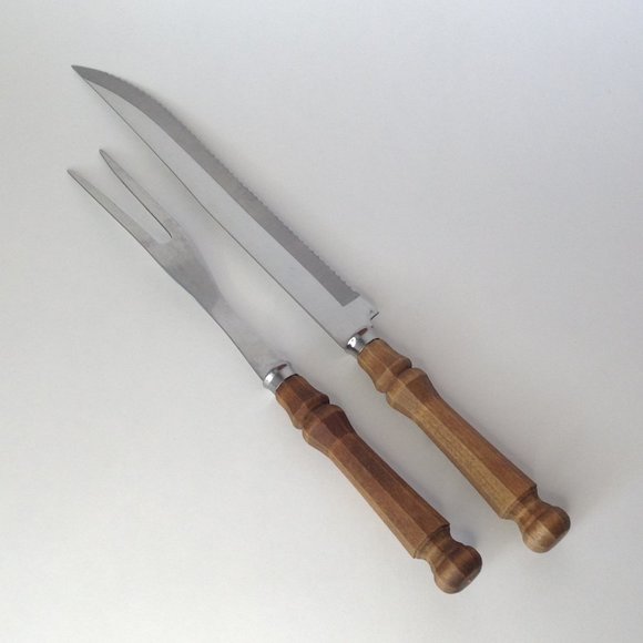 Vintage 2 Piece Knife & Fork Stainless Steel Japan Carving Set Wooden Handles - Picture 4 of 9
